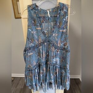Free People Teal Floral Sleeveless Tunic Mini Dress V Neck Ruffle Accents Boho